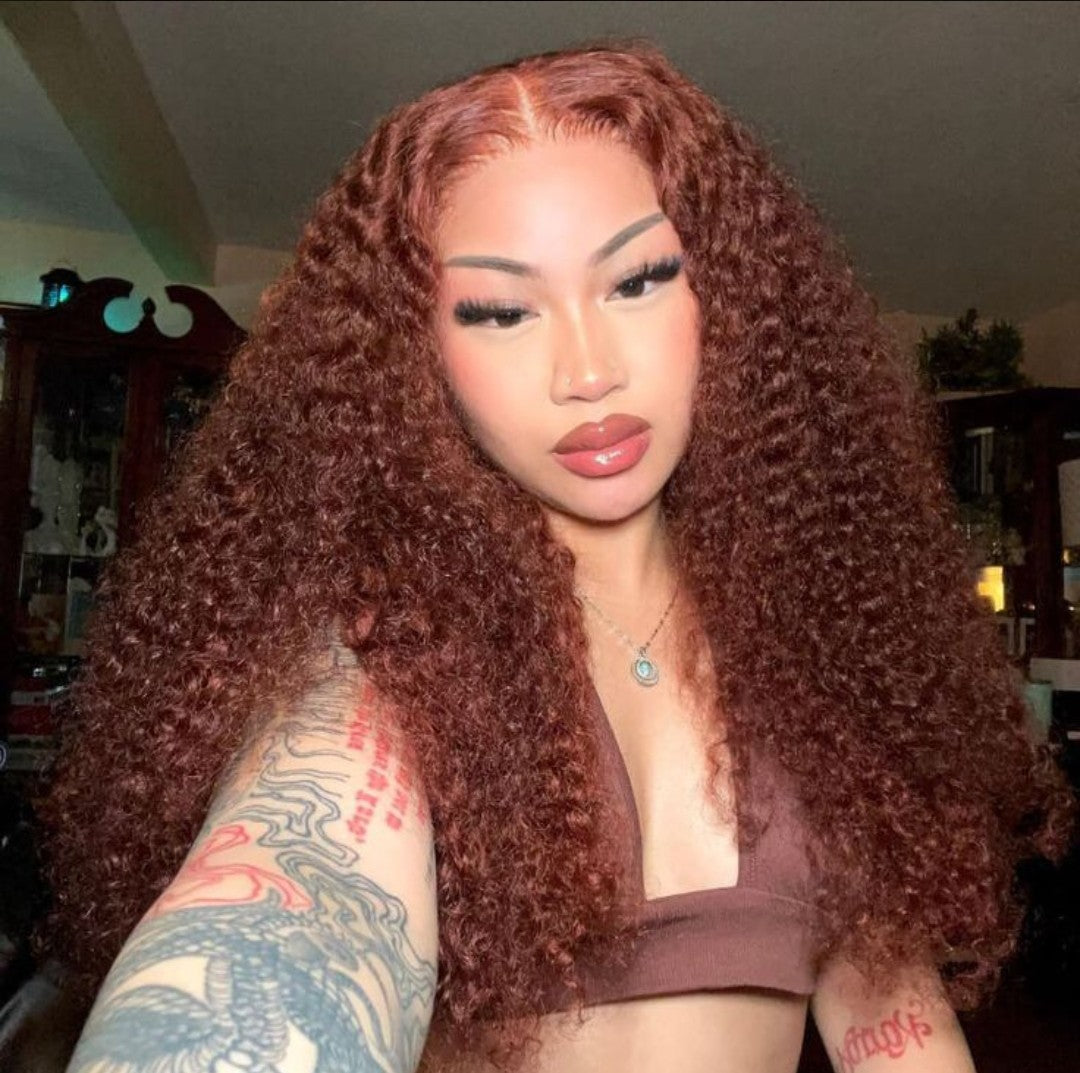 M-cap Reddish Brown Kinky Curly 9x6 Wear Go Glueless Pre-Cut Lace Closure Pre Plucked Human Hair Wig